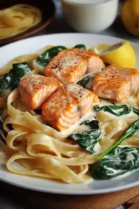 Lachs Sahne Soße mit Spinat