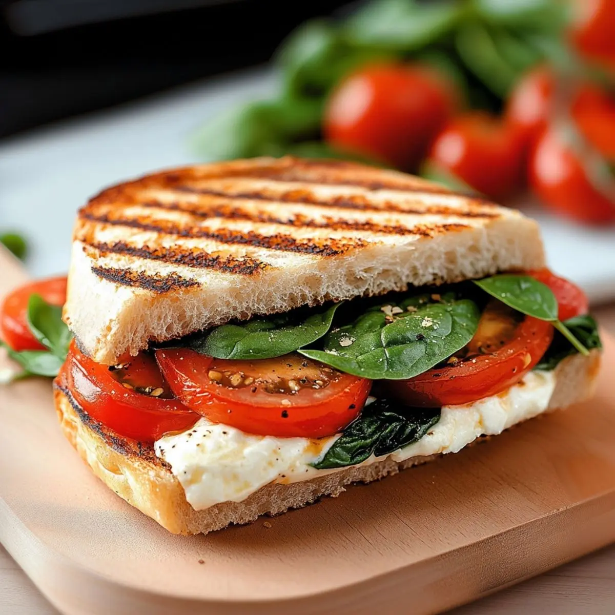 Panini Sandwich mit Tomaten Mozzarella und Spinat