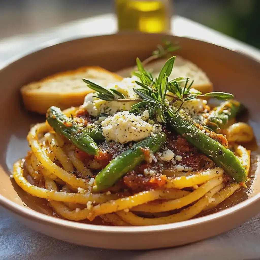 Pasta mit grünem Spargel Feta in Tomatensauce