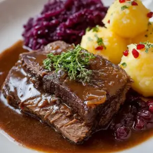 Klassischer Sauerbraten mit Rotkohl und Kartoffelklößen