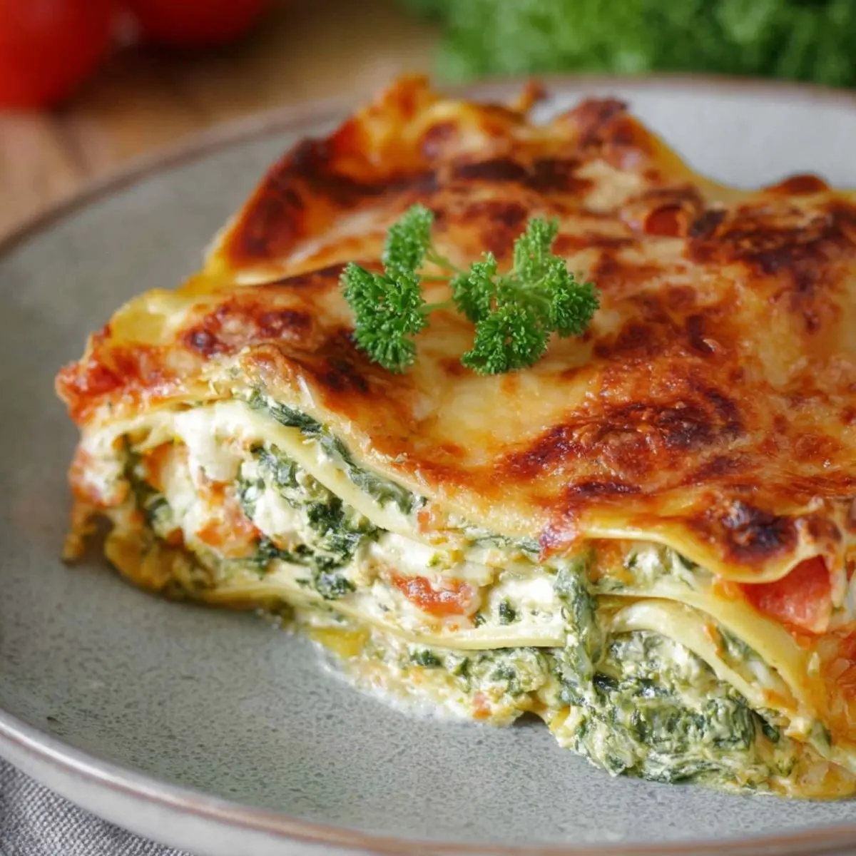 Spinatlasagne mit Feta und Tomaten