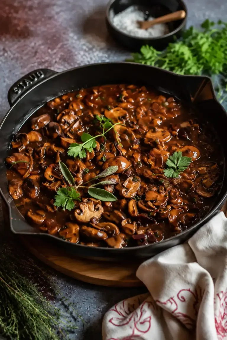 Vegane Pilzpfanne mit kräftiger, dunkler Bratensauce – Noras Kreationen