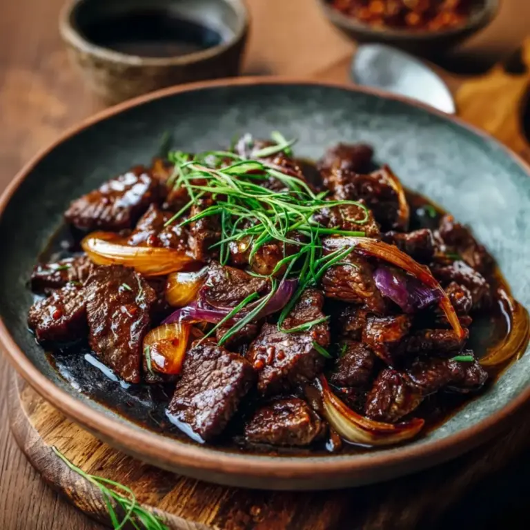 Karamellisiertes Rindfleisch mit Zwiebeln und Sojasauce