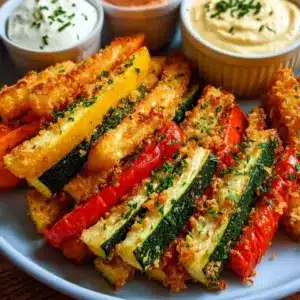 Knusprige Ofen-Gemüsesticks mit Dreierlei-Dip